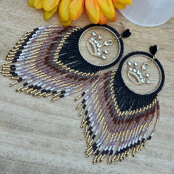 Handmade Beaded Queen Long Fringe Dangle Drop Lightweight Post Hoop Earrings - Picture 6 of 10
